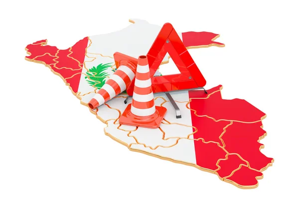 Mapa Peruano Con Conos Tráfico Triángulo Advertencia Representación Aislada Sobre —  Fotos de Stock