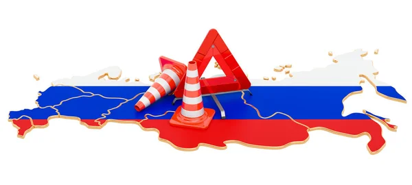 Ruská Mapa Dopravními Kužely Výstražným Trojúhelníkem Vykreslování Izolované Bílém Pozadí — Stock fotografie