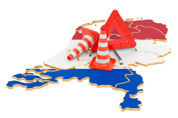 Netherlands Map Traffic Cones Warning Triangle Rendering Isolated White Background — Stock Photo, Image