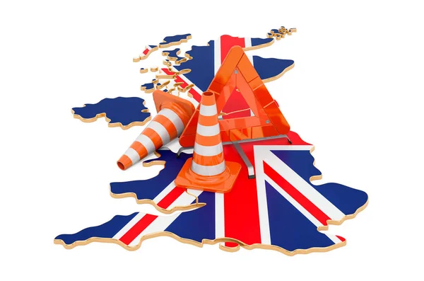 交通コーンと警告の三角形と英国の地図 白い背景に隔離された3Dレンダリング — ストック写真