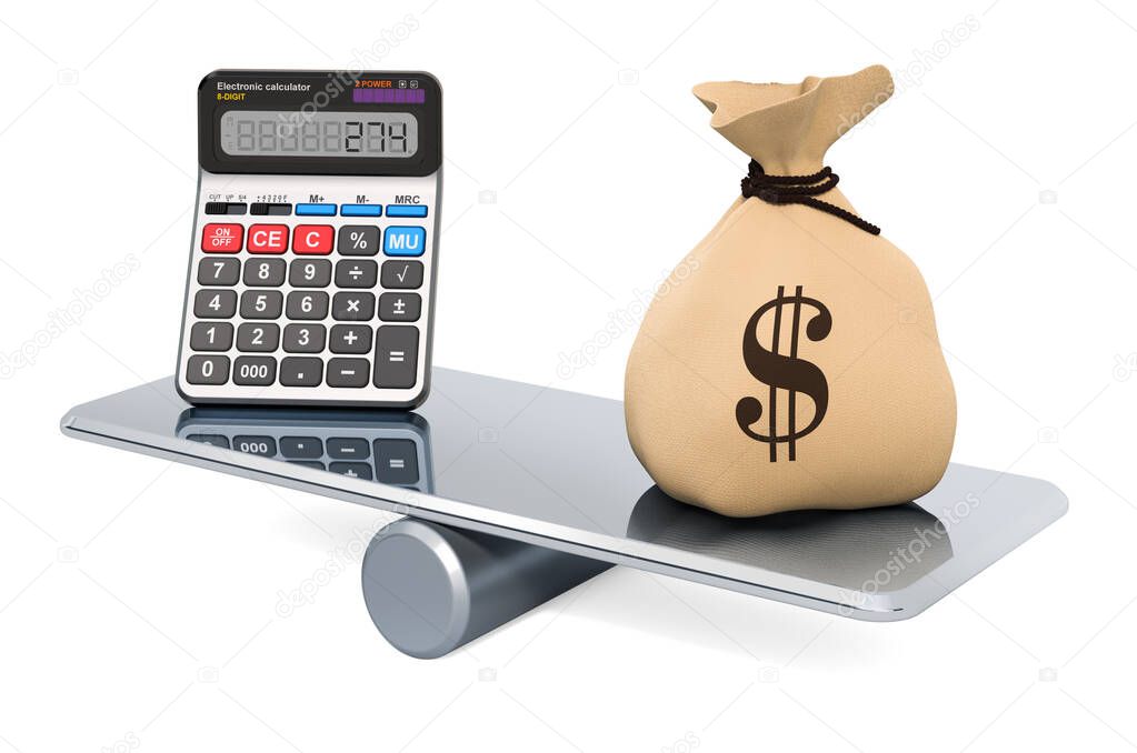 Dollar bag and calculator, balance concept. 3D rendering isolated on white background