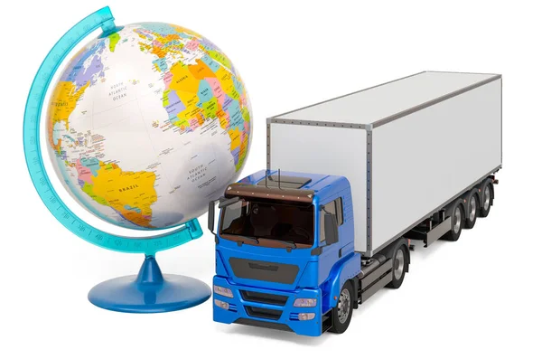 Lkw Mit Geographischem Globus Weltweites Liefer Und Güterverkehrskonzept Rendering Isoliert — Stockfoto