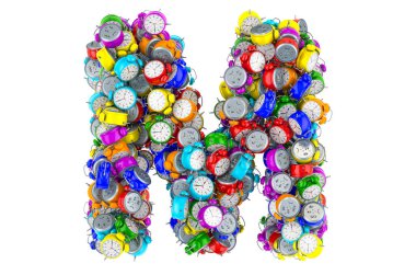 Renkli alarm saatlerinden M harfi, beyaz arkaplanda 3 boyutlu görüntüleme