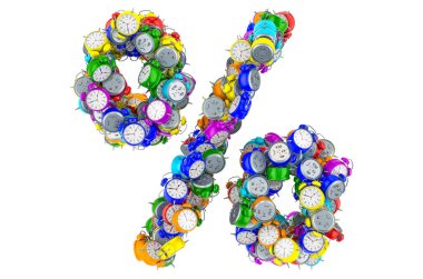 Renkli alarm saatlerinin yüzde sembolü, beyaz arkaplanda 3 boyutlu görüntüleme