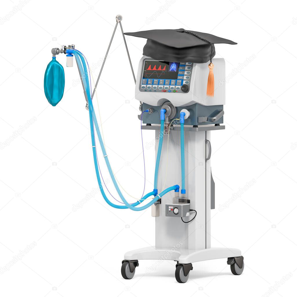 Medical ventilator with education cap, 3D rendering isolated on white background