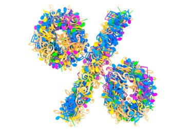 Renkli müzik notalarından yüzde işareti. Beyaz arkaplanda 3B görüntüleme izole edildi