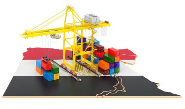 Mısır 'da nakliye konsepti. Mısır haritasında kargo konteynırları olan vinçler. Beyaz arkaplanda 3B görüntüleme izole edildi