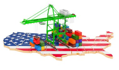 Birleşik Devletler konseptinde nakliye. Amerikan haritasında kargo konteynırları olan vinçler. Beyaz arkaplanda 3B görüntüleme izole edildi