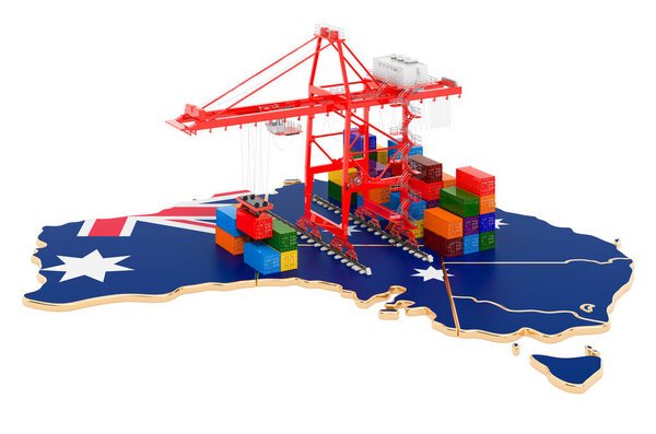 Freight Shipping in Australia concept. Harbor cranes with cargo containers on the Australian map. 3D rendering isolated on white background