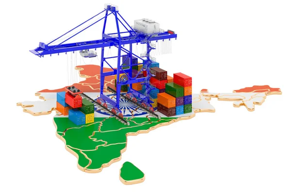 Trasporto Merci India Concetto Gru Portuali Con Container Sulla Mappa — Foto Stock