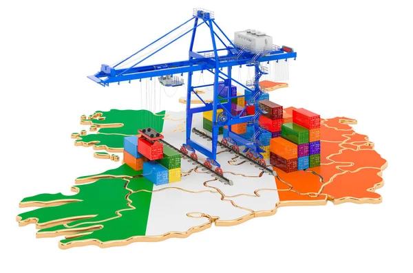 アイルランドでの貨物輸送の概念 アイルランドの地図上の貨物コンテナとハーバークレーン 白い背景に隔離された3Dレンダリング — ストック写真