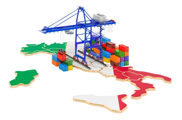 Freight Shipping in Italy concept. Harbor cranes with cargo containers on the Italian map. 3D rendering isolated on white background