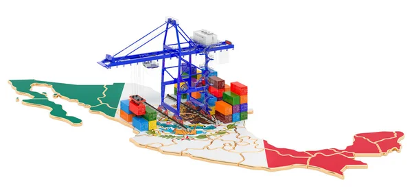 Vrachtvervoer Mexico Concept Havenkranen Met Vrachtcontainers Mexicaanse Kaart Rendering Geïsoleerd — Stockfoto