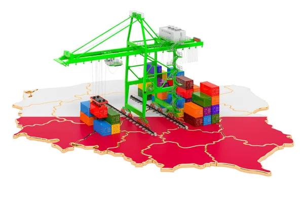 Trasporto Merci Polonia Concetto Gru Portuali Con Container Sulla Mappa — Foto Stock
