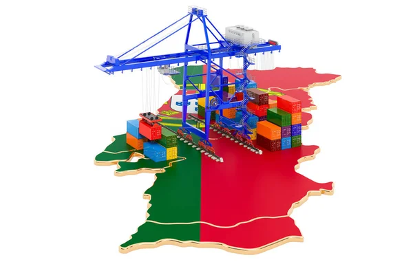 ポルトガルでの貨物輸送の概念 ポルトガルの地図上の貨物コンテナとハーバークレーン 白い背景に隔離された3Dレンダリング — ストック写真
