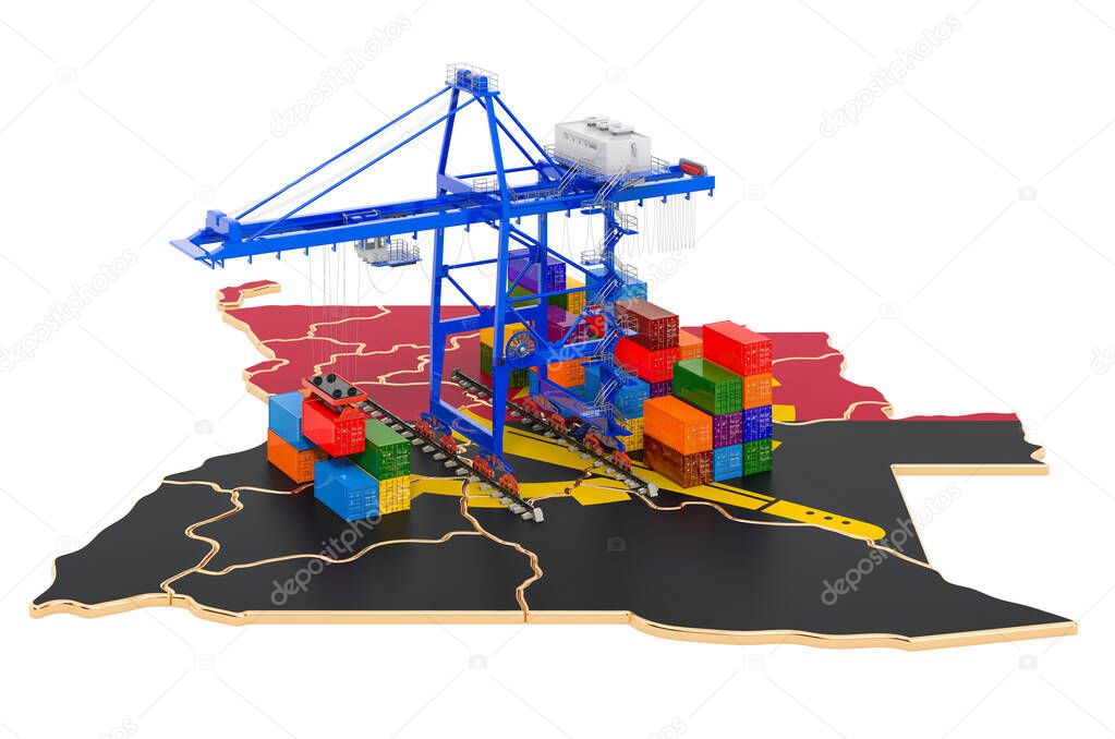 Freight Shipping in Angola concept. Harbor cranes with cargo containers on the Angolan map. 3D rendering isolated on white background