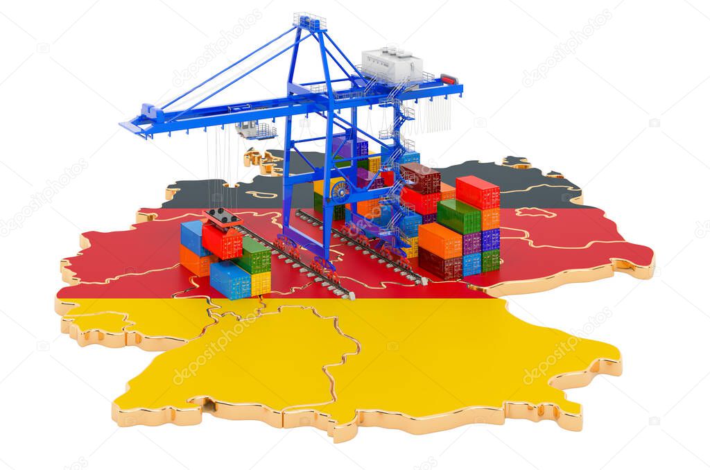 Freight Shipping in Germany concept. Harbor cranes with cargo containers on the German map. 3D rendering isolated on white background