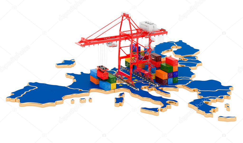 Freight Shipping in the European Union concept. Harbor cranes with cargo containers on the EU map. 3D rendering isolated on white background