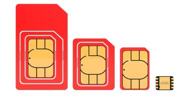 eSIM, nano, mikro ve mini simülasyon kartları. Modern çip mobil hücresel iletişim teknolojisi, beyaz arkaplanda 3 boyutlu görüntüleme