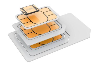 eSIM, nano, mikro ve mini sim kartlar, beyaz arkaplanda 3D görüntüleme