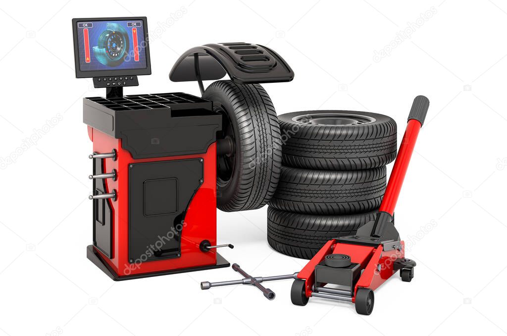 Auto Service concept. Wheel Balancing Machine with car wheels, hydraulic floor jack and lug wrench. 3d rendering  isolated on white background
