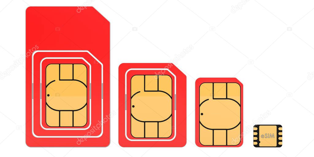 eSIM, nano, micro and mini sim cards. Modern chip mobile cellular communication technology, 3D rendering isolated on white background