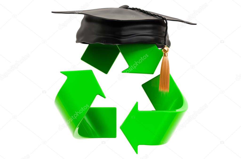 Recycle symbol with graduation cap. Eco education concept. 3D rendering isolated on white background