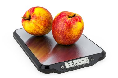 Kırmızı Elmalı Mutfak Ölçekleri. Beyaz arkaplanda 3B görüntüleme izole edildi