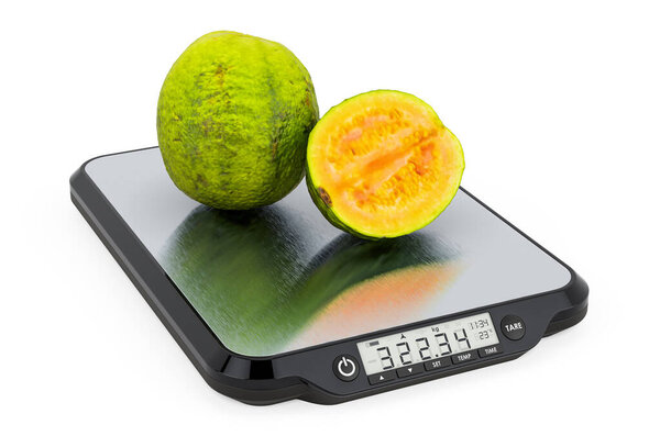 Kitchen Scales with Guavas. 3D rendering isolated on white background