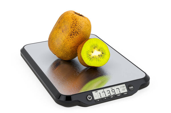 Kitchen Scales with Kiwifruits. 3D rendering isolated on white background