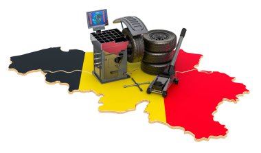 Belçika 'da lastik montajı ve oto servisi. Beyaz arkaplanda 3B görüntüleme izole edildi 