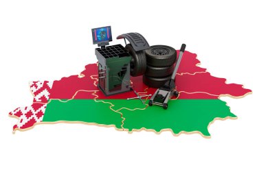 Beyaz Rusya 'da lastik montajı ve araba servisi. Beyaz arkaplanda 3B görüntüleme izole edildi 