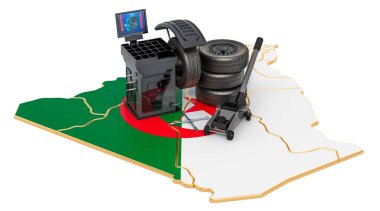 Cezayir 'de lastik montajı ve oto servisi konsepti. Beyaz arkaplanda 3B görüntüleme izole edildi 