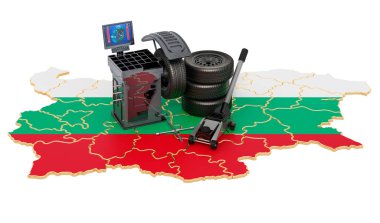 Bulgaristan 'da lastik montajı ve otomobil servisi kavramı. Beyaz arkaplanda 3B görüntüleme izole edildi 