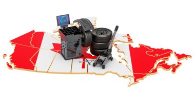 Kanada 'da lastik montajı ve oto servisi konsepti. Beyaz arkaplanda 3B görüntüleme izole edildi