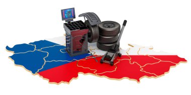 Çek Cumhuriyeti konseptinde lastik montajı ve otomobil servisi. Beyaz arkaplanda 3B görüntüleme izole edildi 