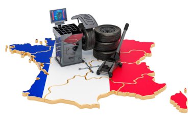 Fransa 'da lastik montajı ve otomobil servisi kavramı. Beyaz arkaplanda 3B görüntüleme izole edildi 