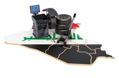 Irak 'ta lastik montajı ve otomobil servisi konsepti. Beyaz arkaplanda 3B görüntüleme izole edildi 