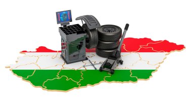 Macaristan 'da lastik montajı ve araba servisi konsepti. Beyaz arkaplanda 3B görüntüleme izole edildi 