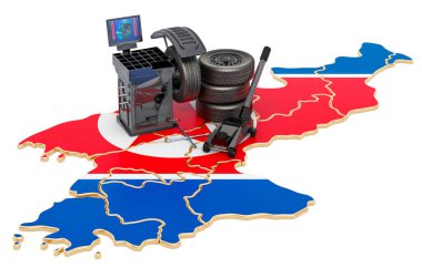 Kuzey Kore konseptinde lastik montajı ve otomobil servisi. Beyaz arkaplanda 3B görüntüleme izole edildi 