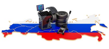 Rusya 'da lastik montajı ve otomobil servisi kavramı. Beyaz arkaplanda 3B görüntüleme izole edildi 