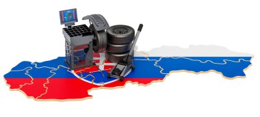 Slovakya konseptinde lastik montajı ve otomobil servisi. Beyaz arkaplanda 3B görüntüleme izole edildi 