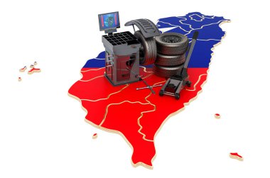 Tayvan 'da lastik montajı ve oto servisi konsepti. Beyaz arkaplanda 3B görüntüleme izole edildi 