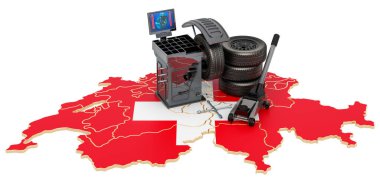 İsviçre konseptinde lastik montajı ve otomobil servisi. Beyaz arkaplanda 3B görüntüleme izole edildi 