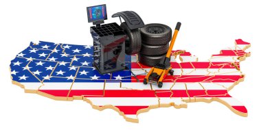 ABD konseptinde lastik montajı ve otomobil servisi. Beyaz arkaplanda 3B görüntüleme izole edildi 