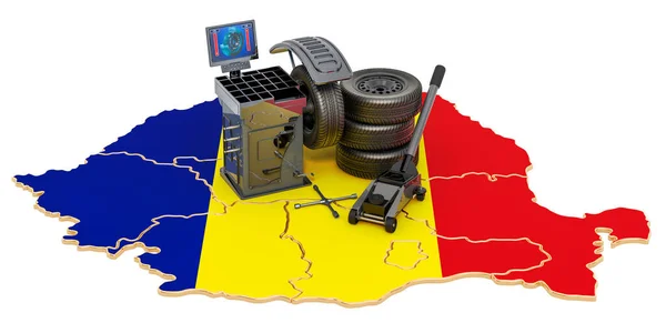 Tire Fitting Auto Service Romania Concept 在白色背景上孤立的3D渲染 — 图库照片