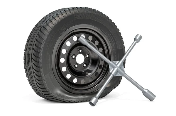 クロスレンチで車のホイールをパンチ タイヤフィッティングサービスコンセプト 白い背景に隔離された3Dレンダリング — ストック写真