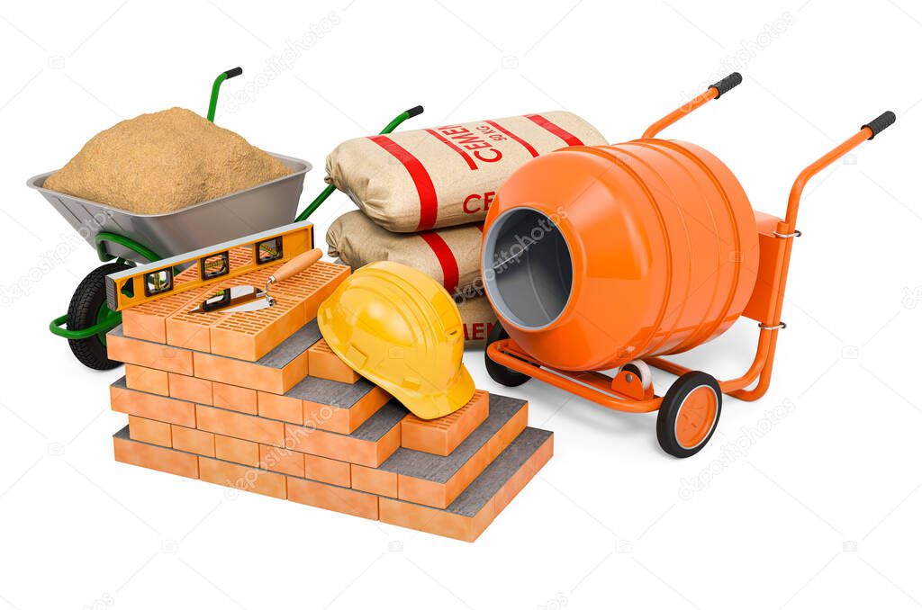 Construction concept. Building materials and equipment, 3D rendering isolated on white background
