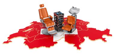 İsviçre konseptinde kuaförlük ve berber hizmetleri. Beyaz arkaplanda 3B görüntüleme izole edildi 