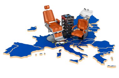 Avrupa Birliği konseptinde kuaförlük ve berber hizmetleri. Beyaz arkaplanda 3B görüntüleme izole edildi 